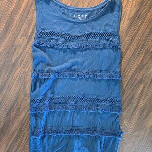 LOFT 100% Cotton Teal Blue Tunic Tank with Fringe Trim Detaling NWOT/SIZE S